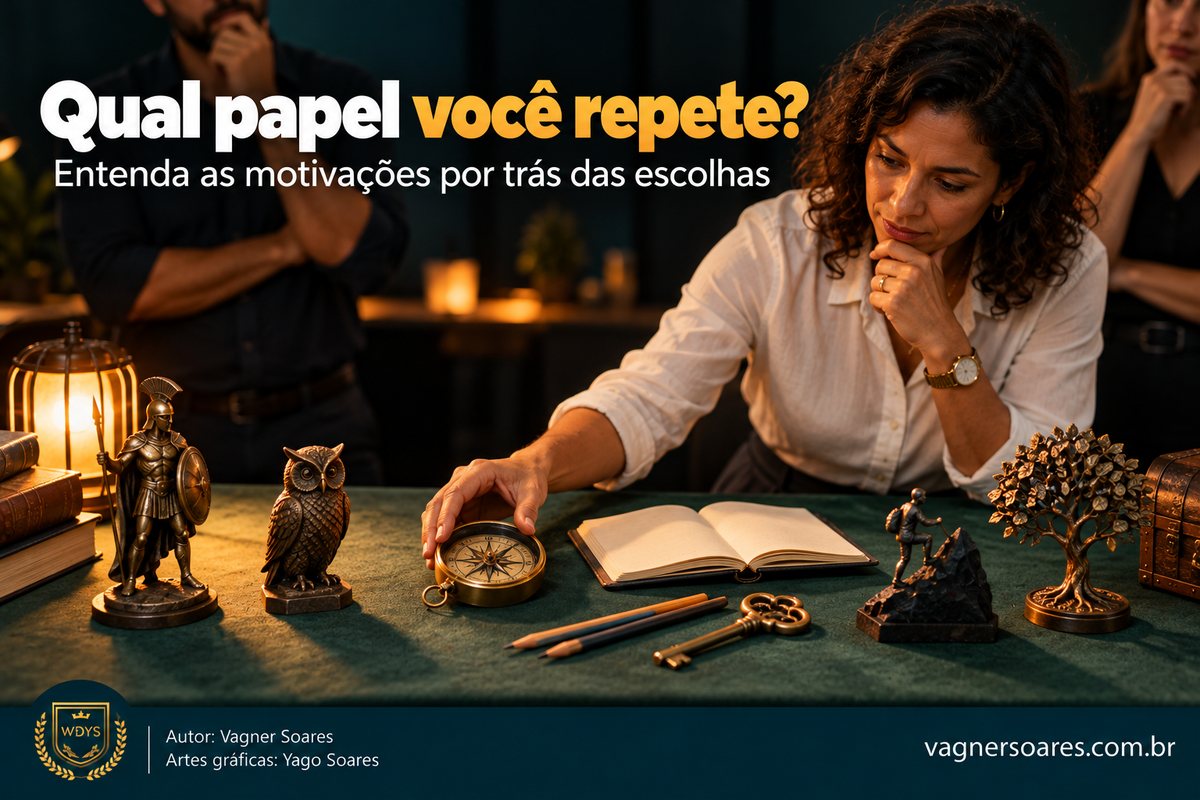 Capa com o título “Qual papel você repete?”: mulher pensativa com uma bússola, um caderno e estatuetas simbólicas sobre a mesa