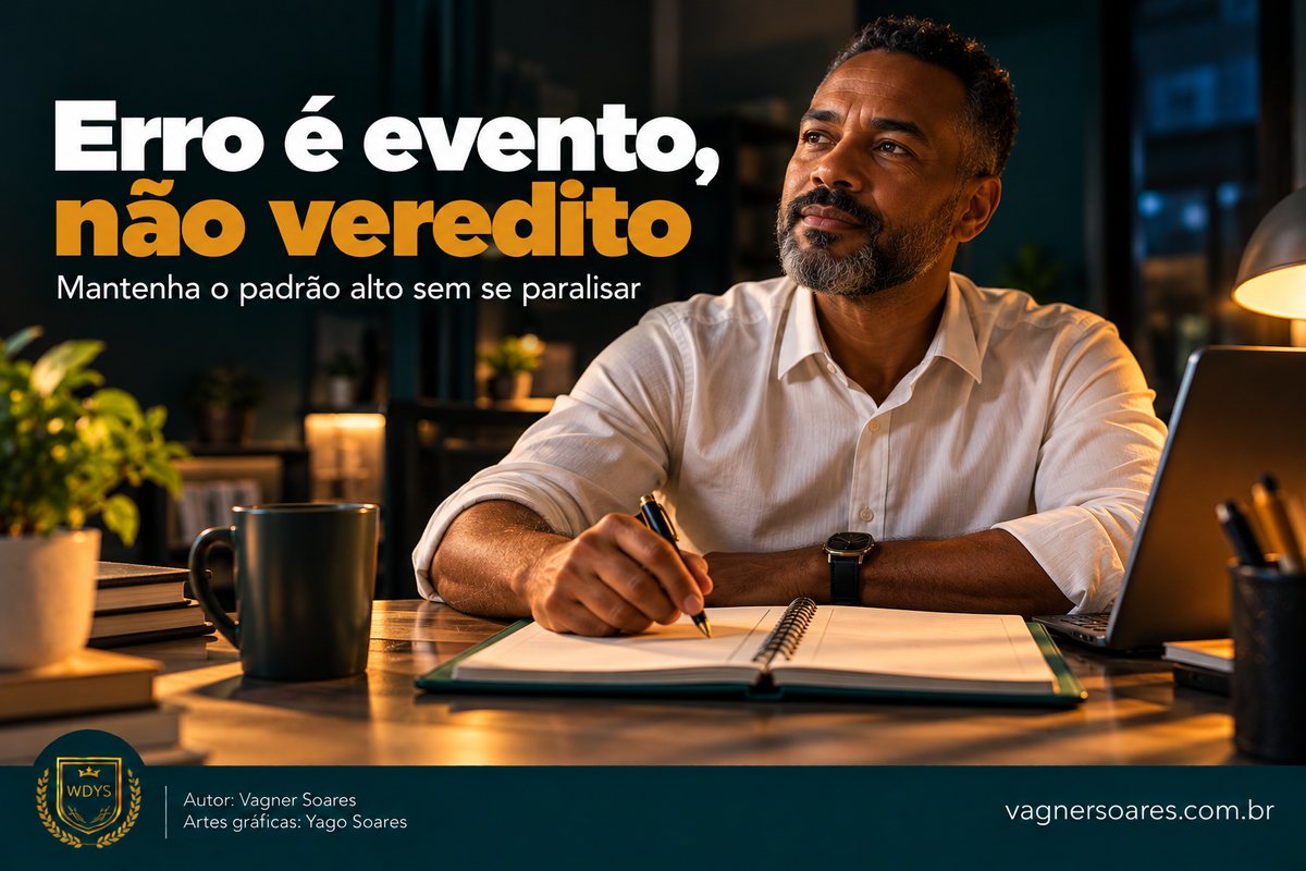 Capa com o título “Erro é evento, não veredito”: homem escreve em um caderno e olha para cima, pensativo