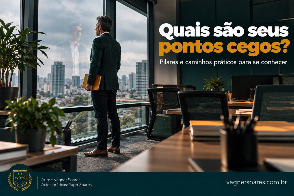 Capa com o título “Quais são seus pontos cegos?”: homem de costas olha a cidade pela janela do escritório
