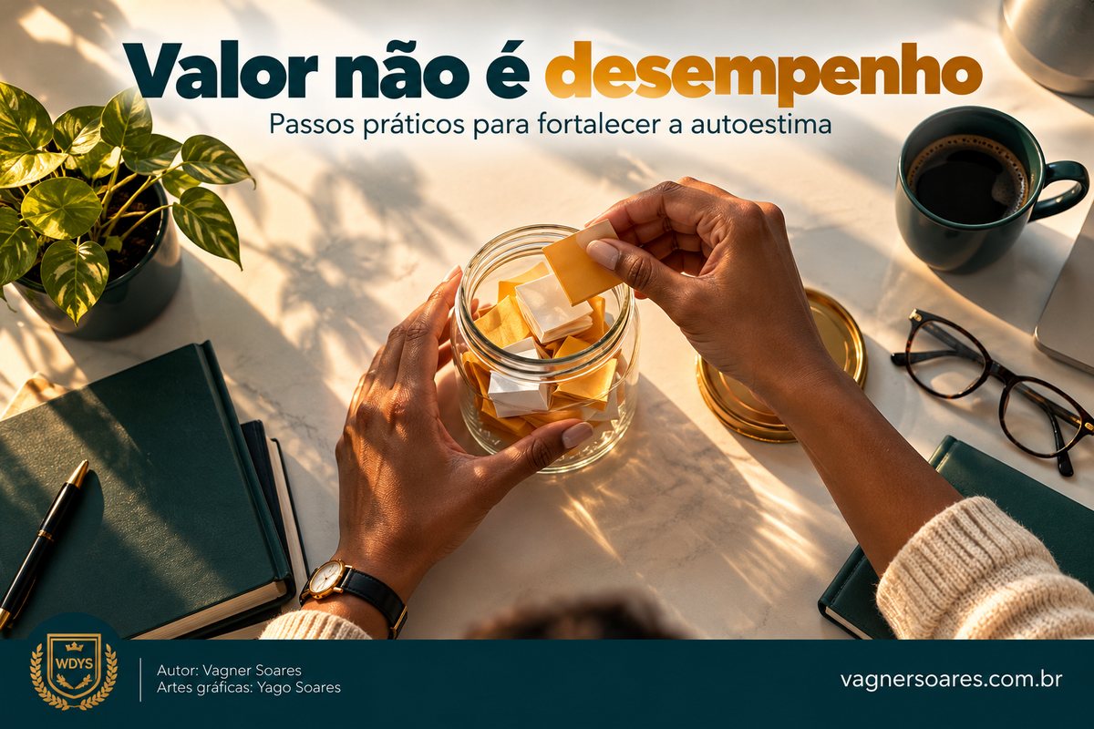 Capa com o título “Valor não é desempenho”: mãos guardam bilhetes amarelos em um pote de vidro, sobre uma mesa clara com óculos
