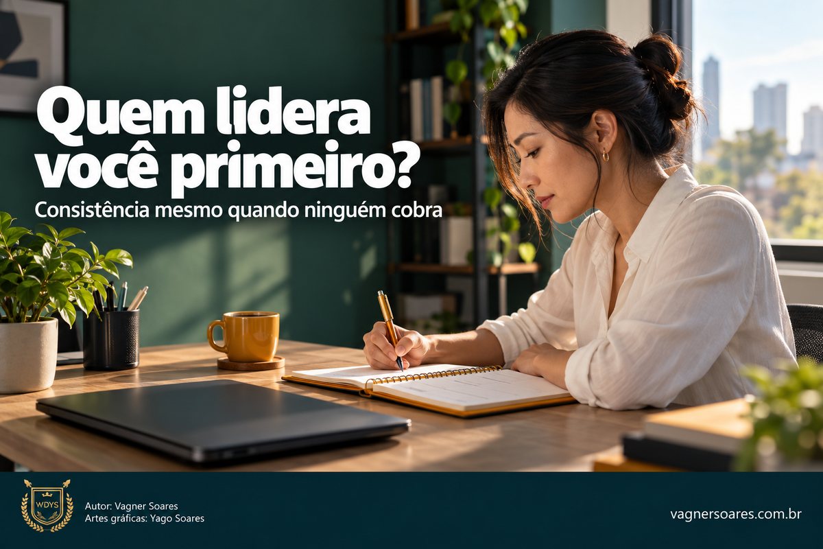 Capa com o título “Quem lidera você primeiro?”: mulher escreve em um caderno em uma mesa de trabalho organizada