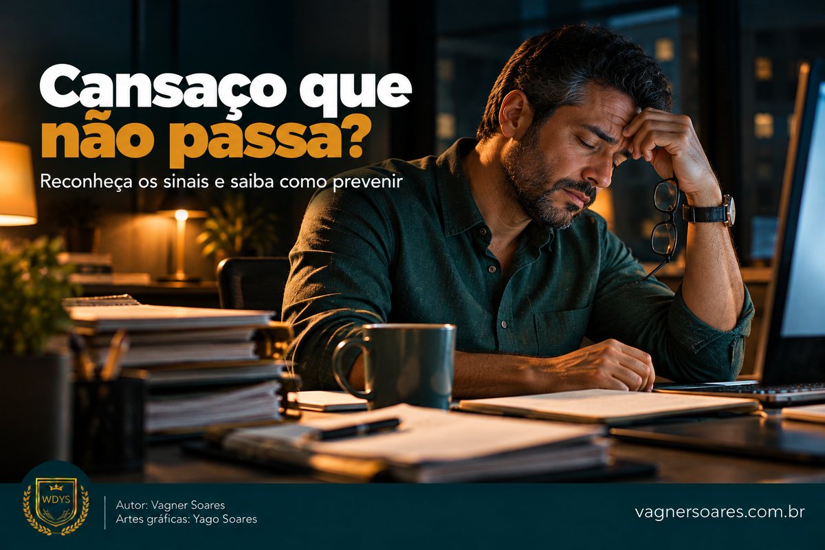 Capa com o título “Cansaço que não passa?”: homem exausto apoia a testa na mão diante de uma mesa cheia de papéis