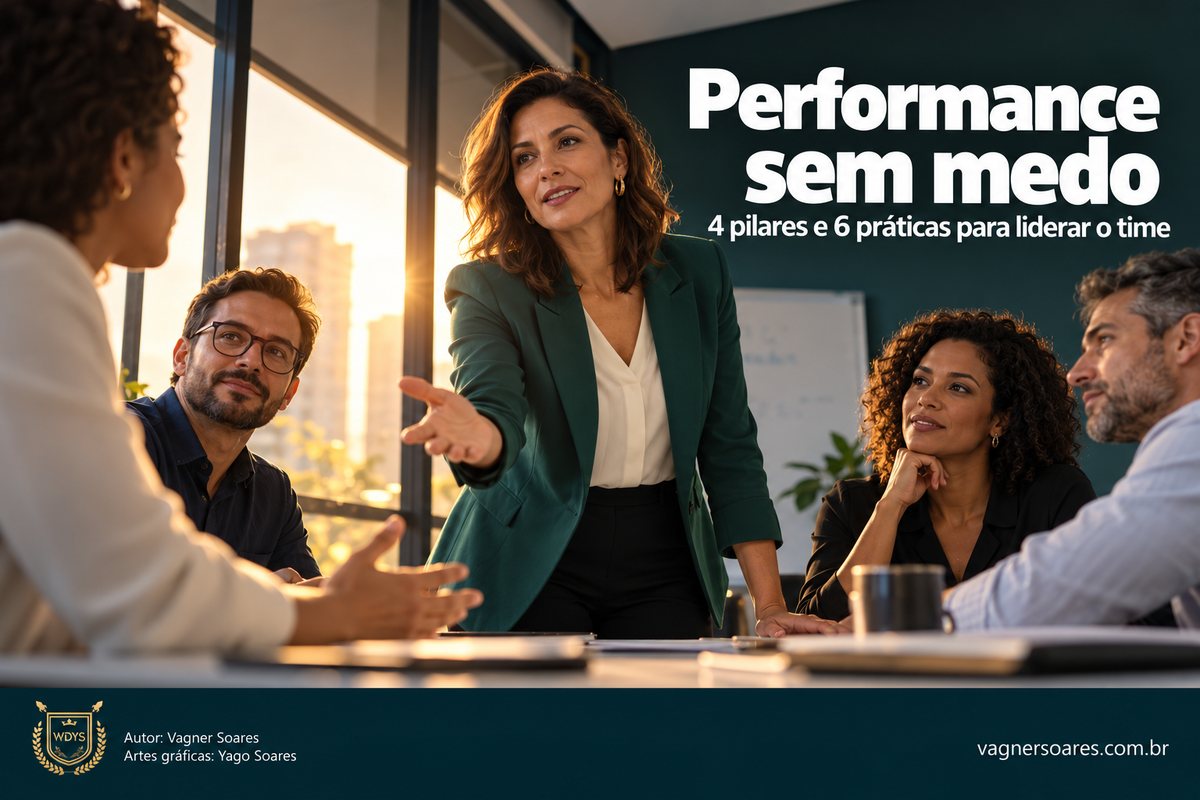 Capa com o título “Performance sem medo”: líder de pé estende a mão a uma equipe atenta ao redor da mesa de reunião