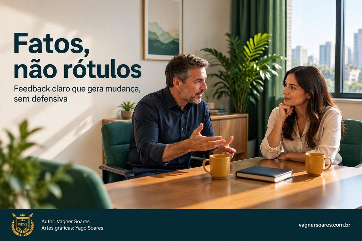 Capa com o título “Fatos, não rótulos”: líder e colaboradora conversam com calma em uma sala iluminada