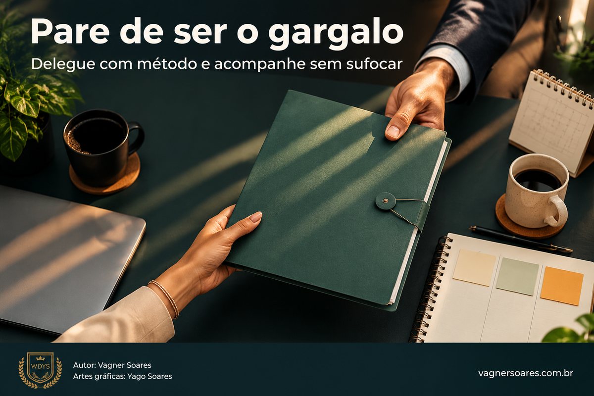 Capa com o título “Pare de ser o gargalo”: duas pessoas passam uma pasta verde uma à outra sobre a mesa