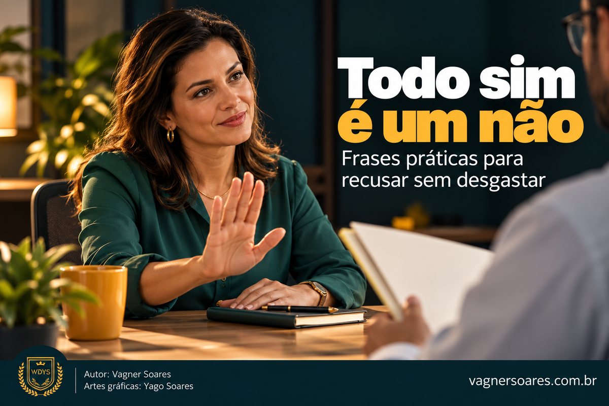 Capa com o título “Todo sim é um não”: mulher estende a mão em sinal de recusa gentil durante uma conversa em uma mesa de trabalho