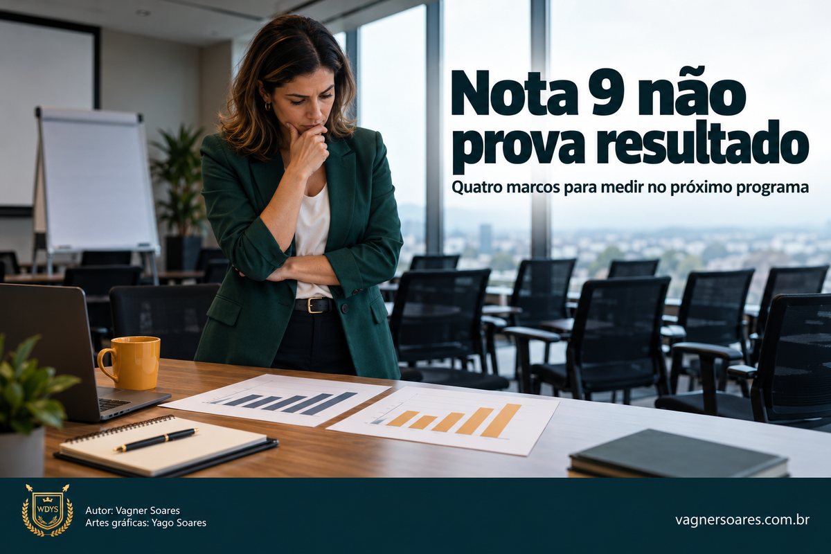 Capa com o título “Nota 9 não prova resultado”: gestora de blazer verde observa dois gráficos sobre a mesa de uma sala de treinamento vazia