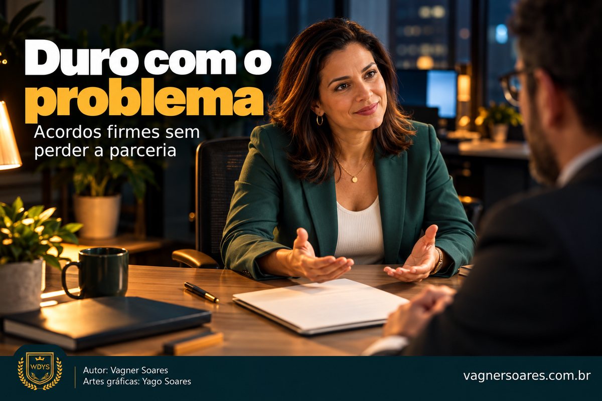 Capa com o título “Duro com o problema”: gestora de blazer verde conversa com um homem de costas, em uma mesa de escritório à luz de abajur