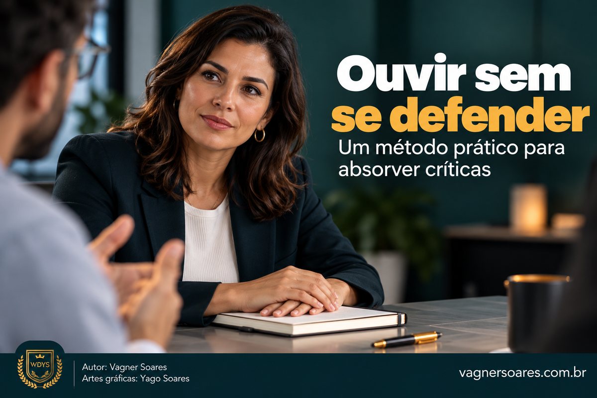 Capa com o título “Ouvir sem se defender”: mulher de blazer escuro ouve com atenção um colega de costas que gesticula