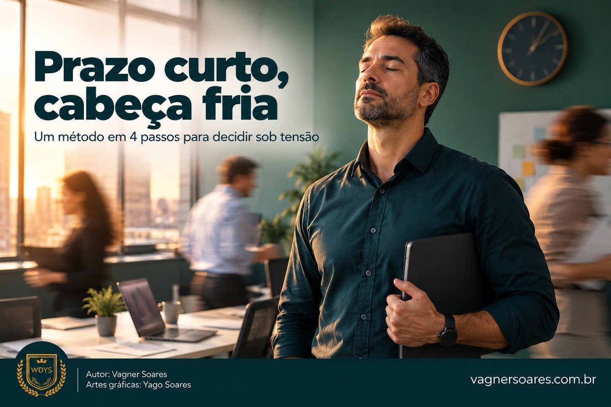 Capa com o título “Prazo curto, cabeça fria”: homem de olhos fechados respira fundo, com colegas em movimento ao fundo