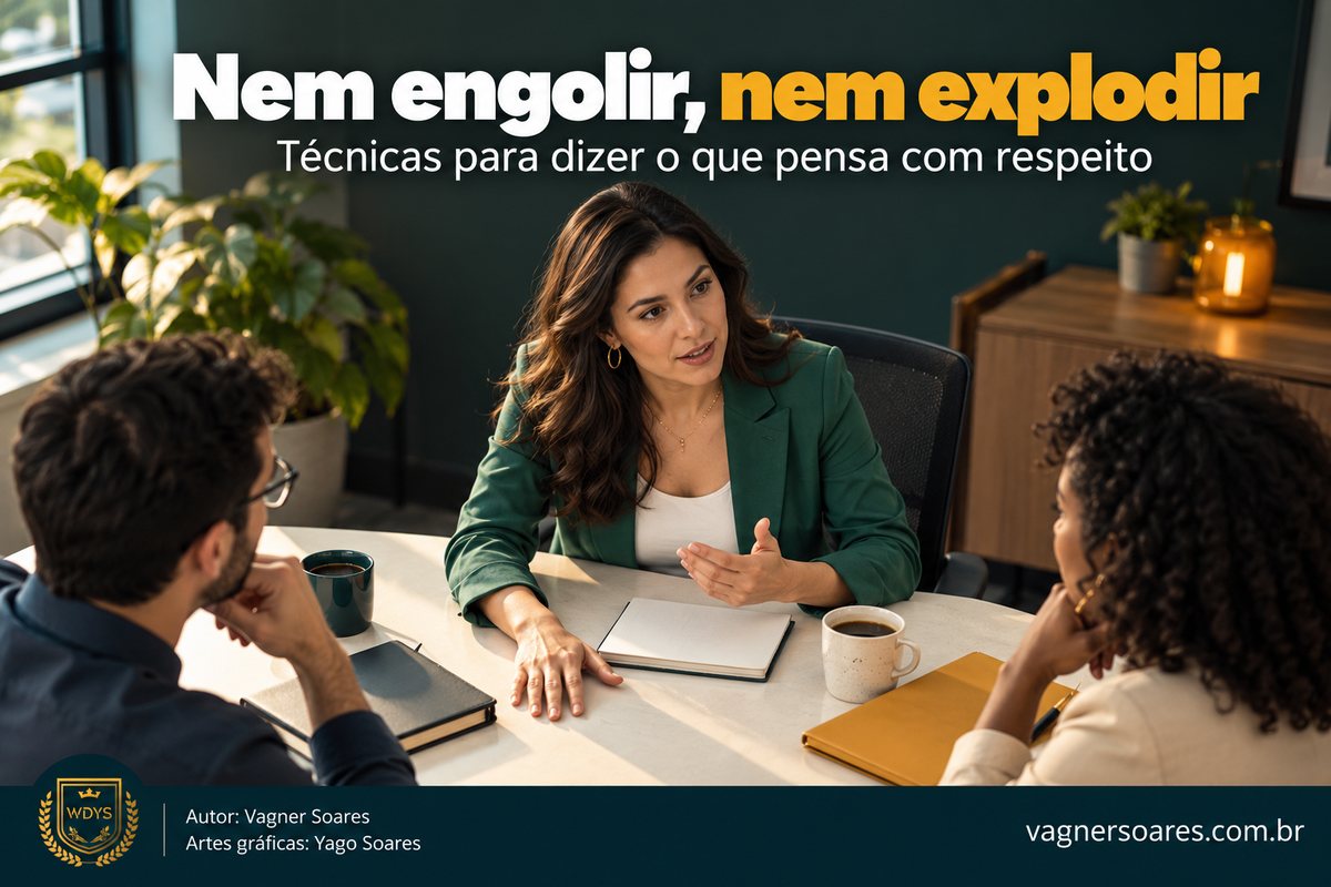 Capa com o título “Nem engolir, nem explodir”: mulher de blazer verde fala com calma a dois colegas, em vista de cima de uma mesa de reunião