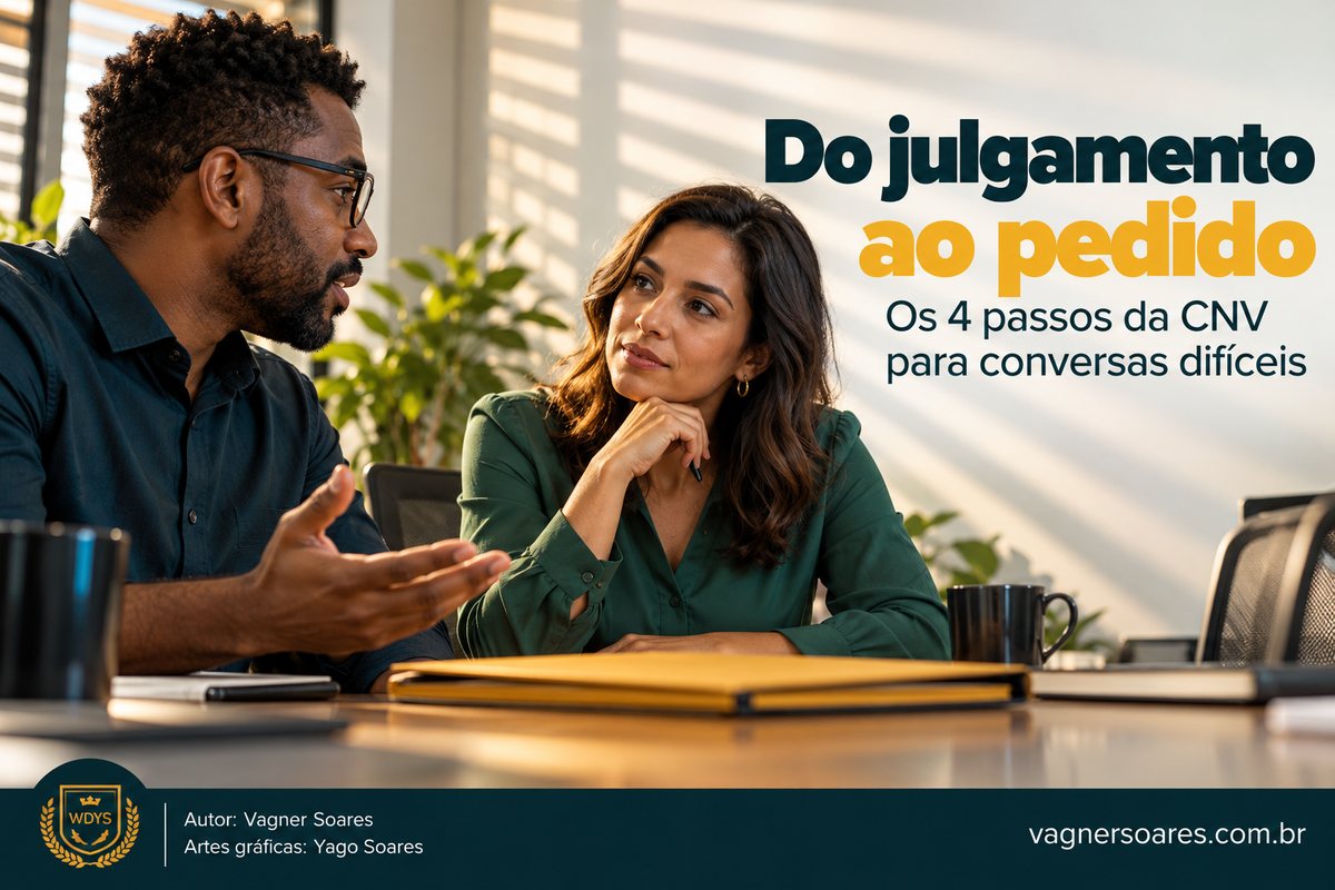 Capa com o título “Do julgamento ao pedido”: homem gesticula ao conversar com uma colega que o escuta atentamente em uma mesa de reunião