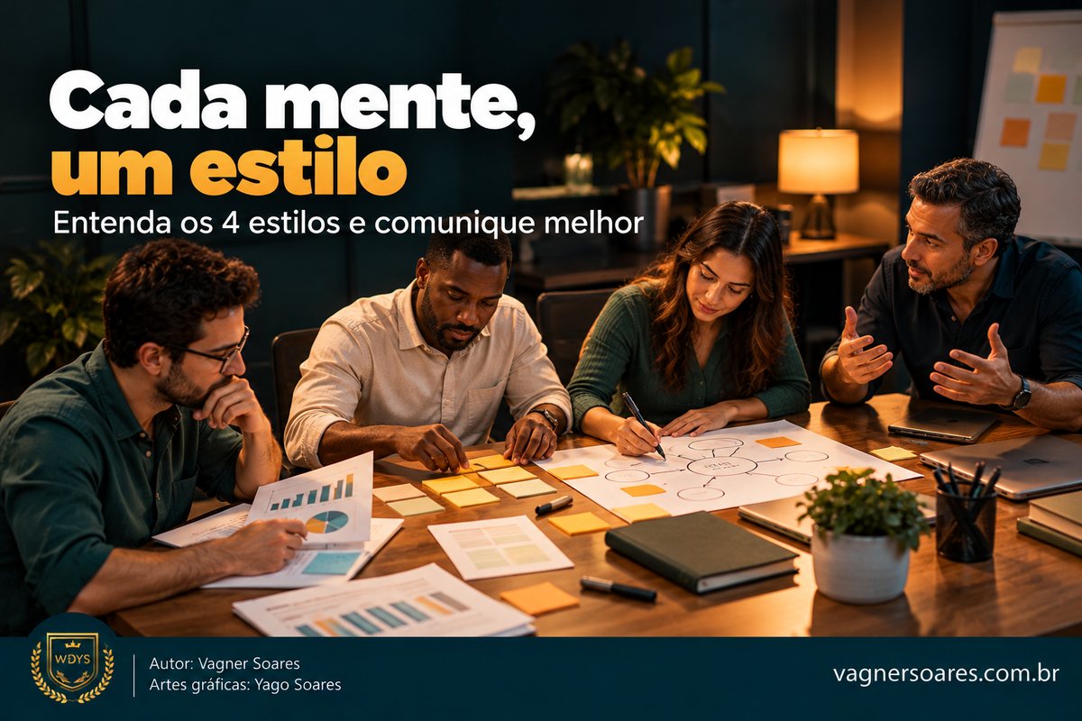 Capa com o título “Cada mente, um estilo”: quatro colegas debatem em torno de uma mesa com gráficos e notas adesivas