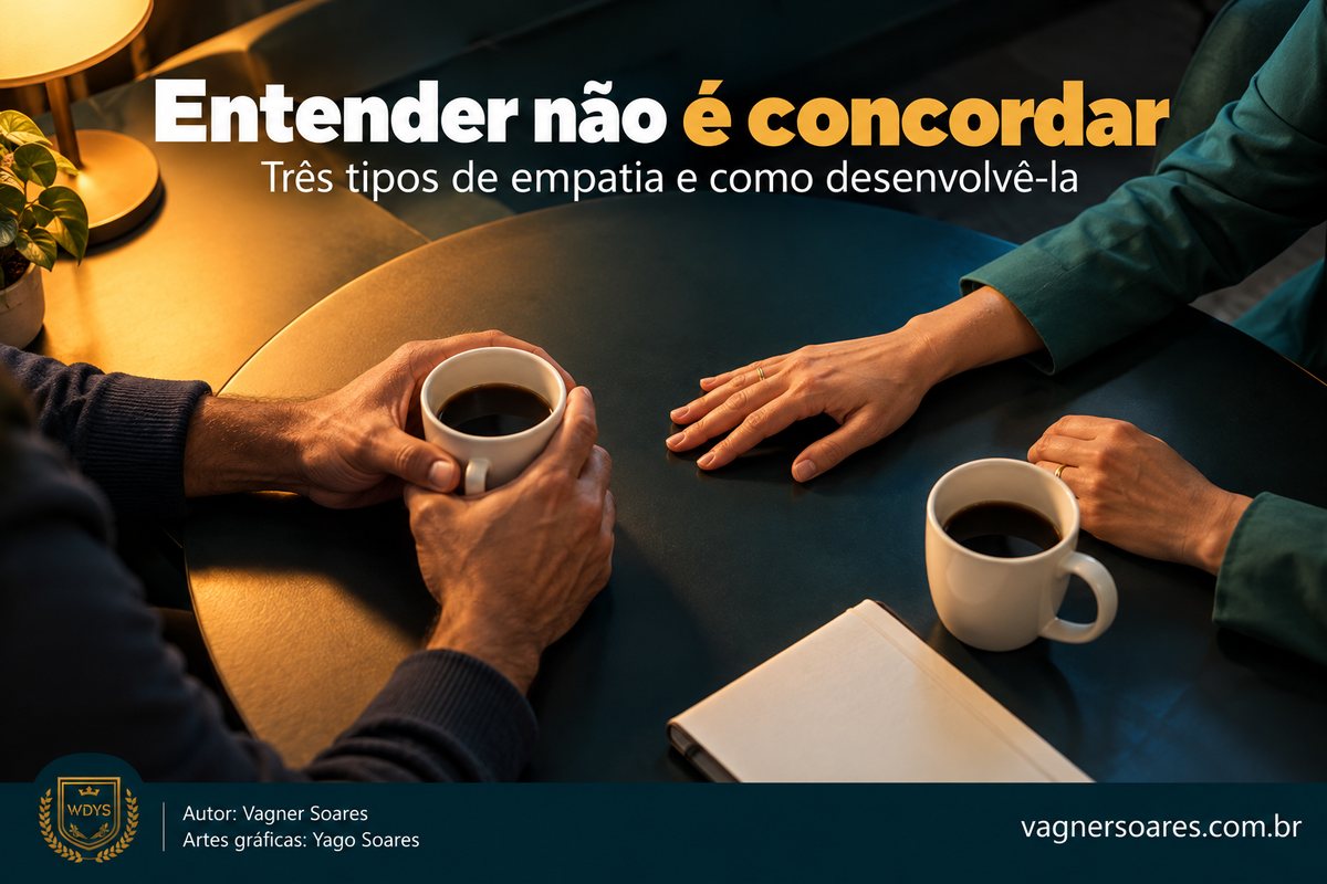 Capa com o título “Entender não é concordar”: vista de cima de uma mesa escura com duas xícaras de café e as mãos de duas pessoas conversando