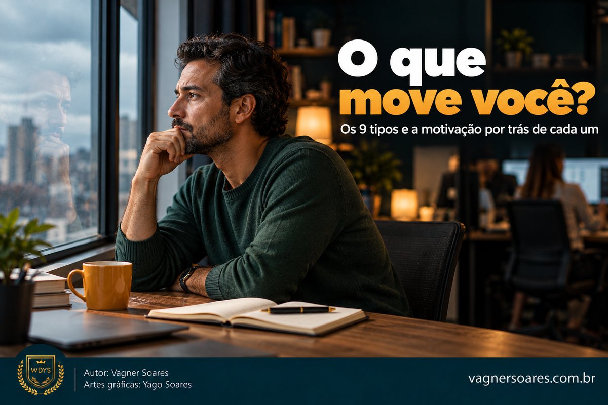 Capa com o título “O que move você?”: homem pensativo, com a mão no queixo, olha pela janela ao lado de um caderno