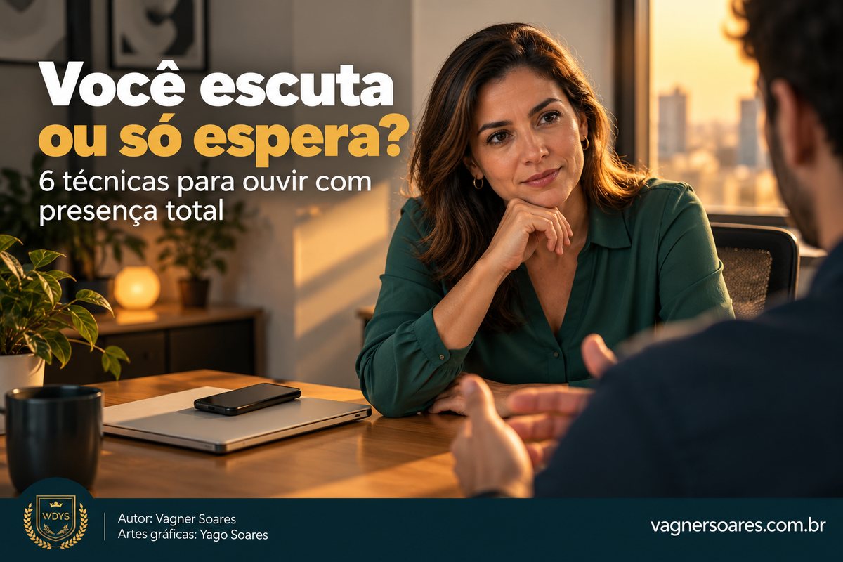 Capa com o título “Você escuta ou só espera?”: mulher ouve com atenção, apoiando o queixo na mão, com celular e notebook fechado sobre a mesa