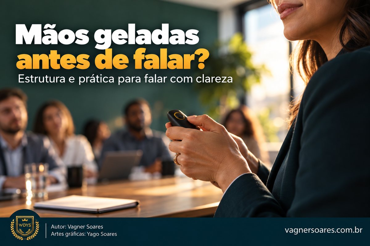 Capa com o título “Mãos geladas antes de falar?”: palestrante segura um controle de apresentação diante de uma plateia desfocada