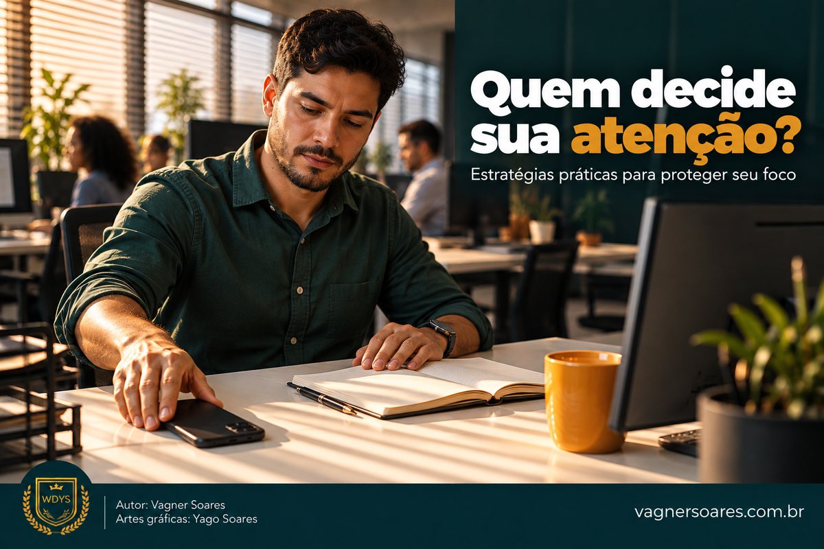 Capa com o título “Quem decide sua atenção?”: homem vira o celular para baixo sobre a mesa, ao lado de um caderno aberto