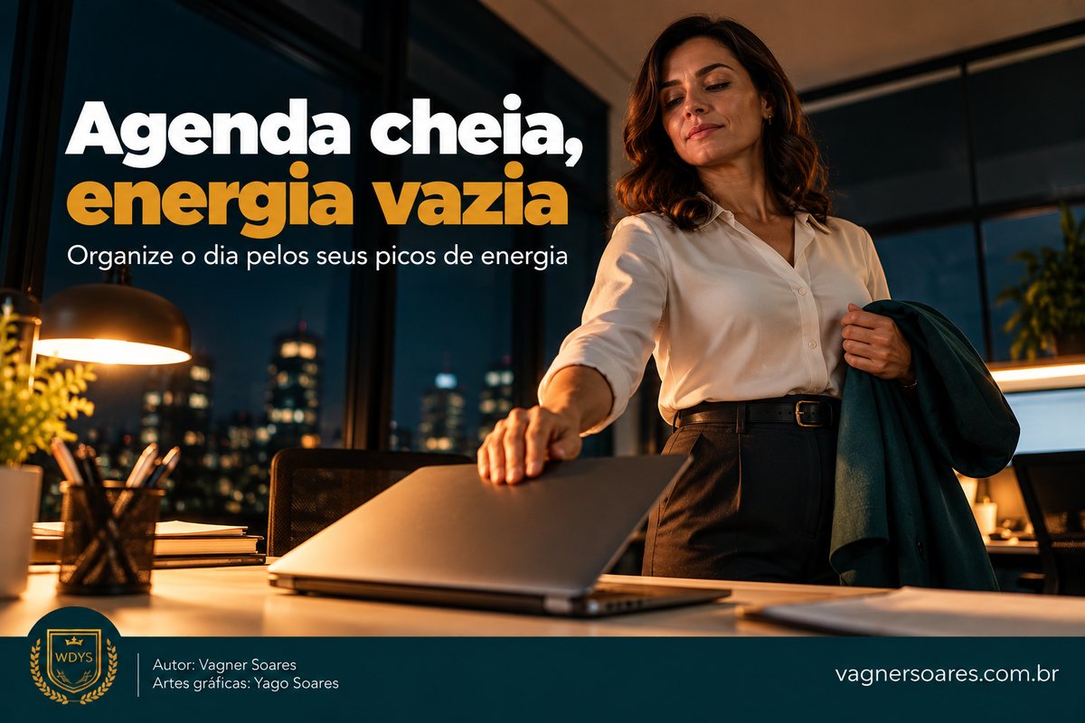 Capa com o título “Agenda cheia, energia vazia”: mulher fecha o notebook no fim do dia, com o casaco no braço
