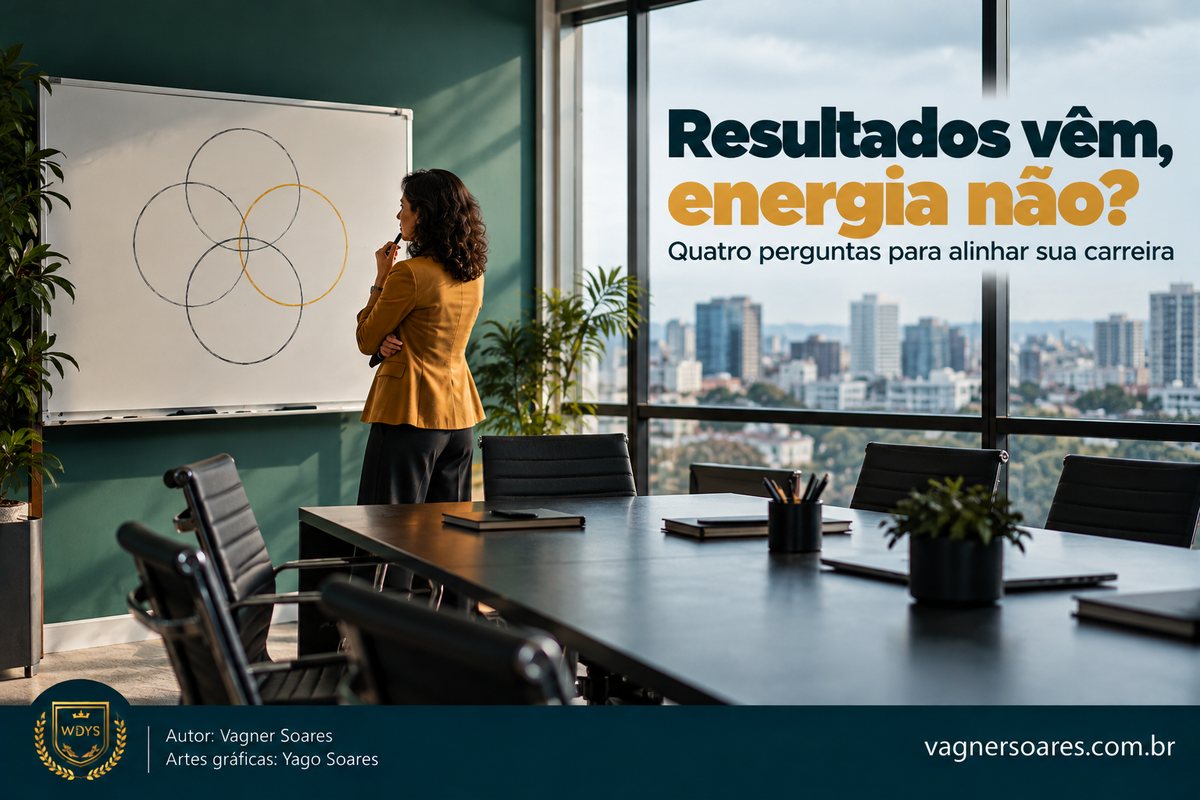 Capa com o título “Resultados vêm, energia não?”: mulher observa um diagrama de círculos que se cruzam em um quadro branco