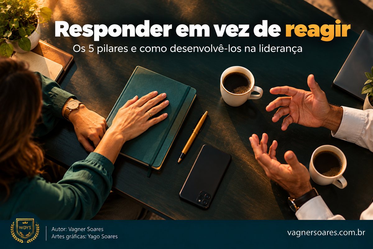Capa com o título “Responder em vez de reagir”: vista de cima de duas pessoas conversando, com um caderno e um celular na mesa