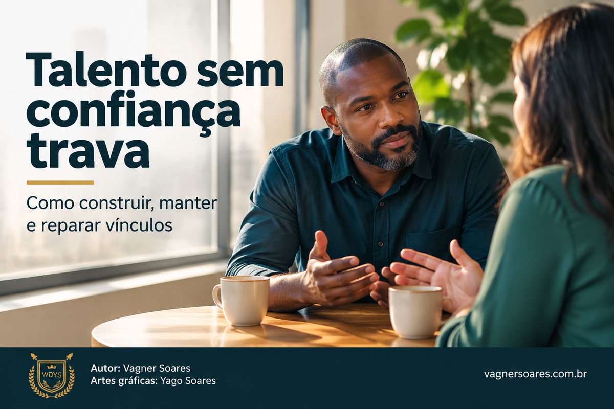 Capa com o título “Talento sem confiança trava”: dois colegas conversam em uma mesa redonda com duas xícaras de café