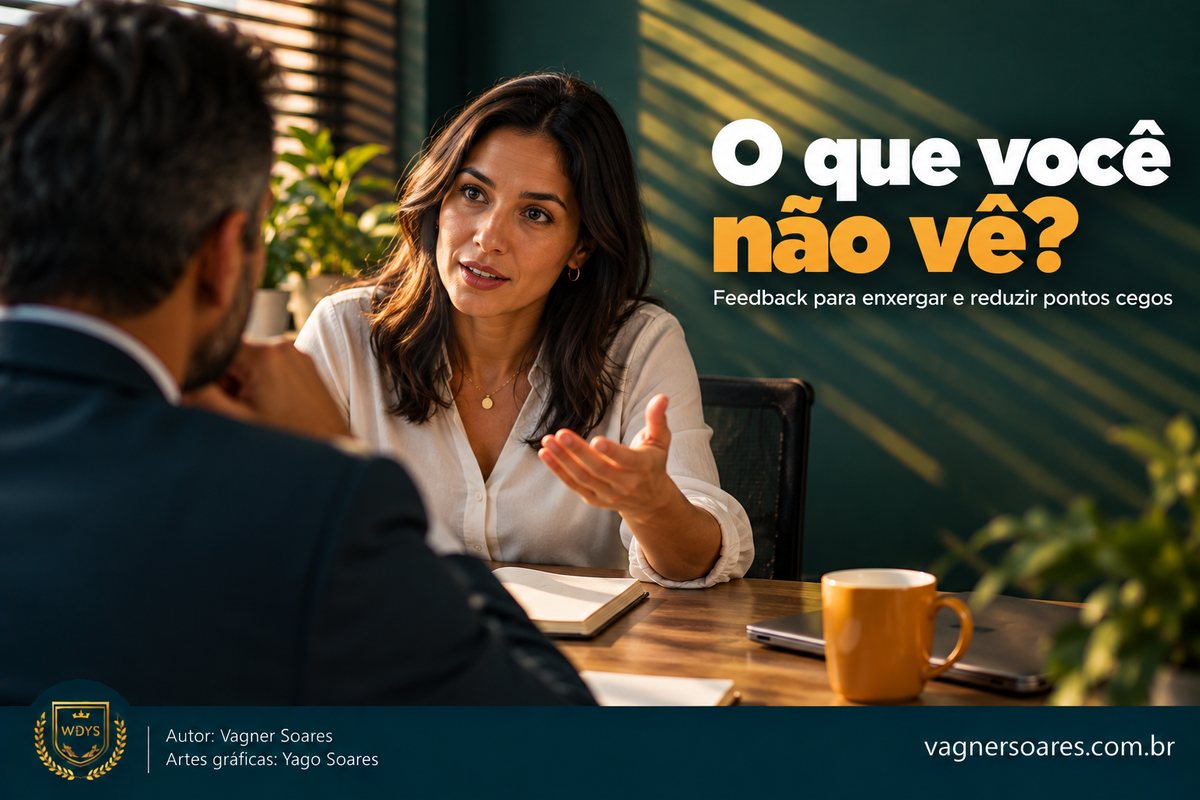 Capa com o título “O que você não vê?”: mulher explica algo, de mãos abertas, a um colega de costas em uma mesa de reunião