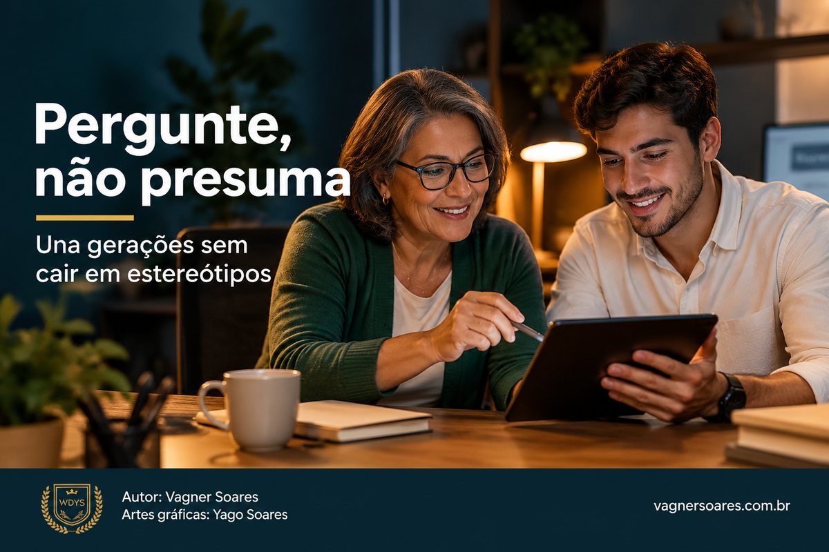 Capa com o título “Pergunte, não presuma”: profissional mais experiente e colega mais jovem olham juntos um tablet