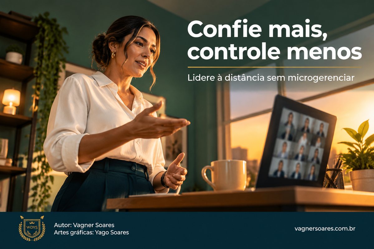 Capa com o título “Confie mais, controle menos”: líder conversa por videochamada em um escritório em casa