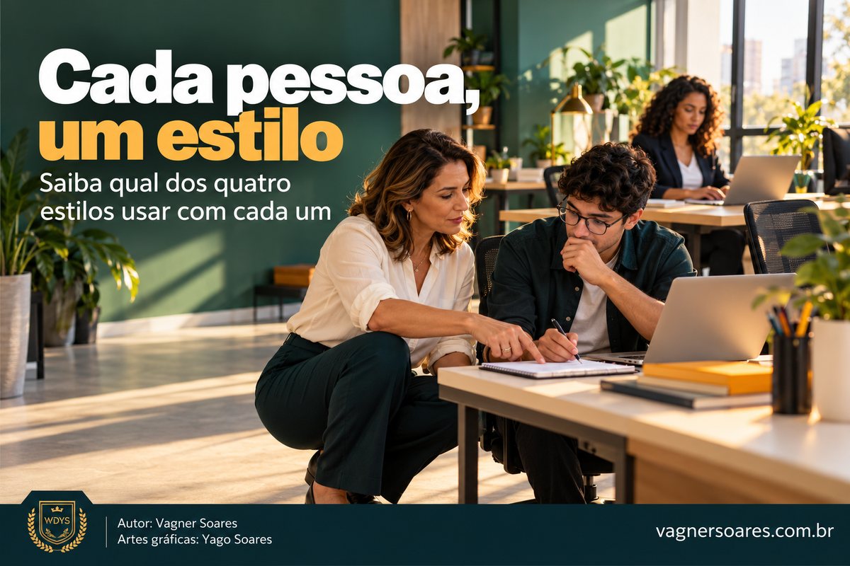 Capa com o título “Cada pessoa, um estilo”: líder agachada ao lado de um colaborador mostra algo em um caderno, em um escritório amplo e iluminado