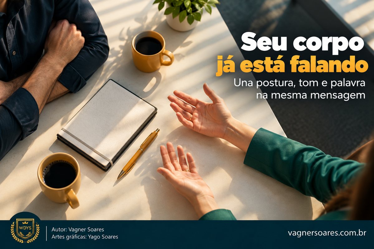 Capa com o título “Seu corpo já está falando”: vista de cima de mãos abertas sobre uma mesa clara, com caderno e xícaras de café