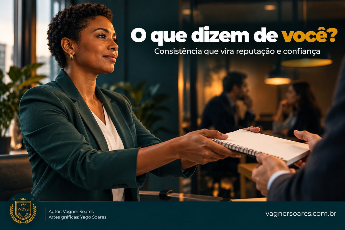 Capa com o título “O que dizem de você?”: mulher de blazer verde entrega um caderno a um colega no escritório