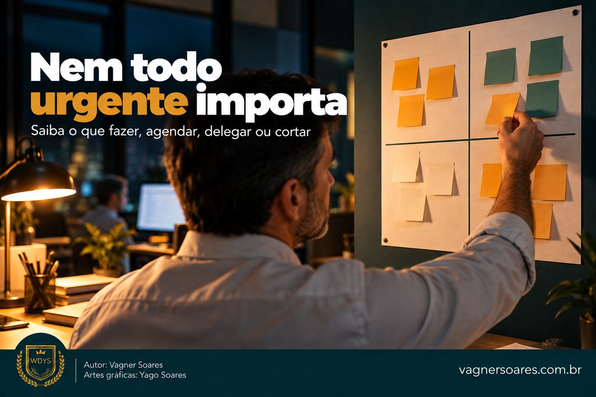 Capa com o título “Nem todo urgente importa”: homem organiza notas adesivas em uma matriz de quatro quadrantes na parede