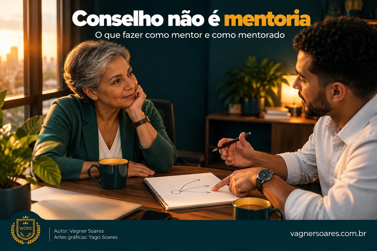 Capa com o título “Conselho não é mentoria”: mentora e mentorado conversam sobre um esquema desenhado em um caderno