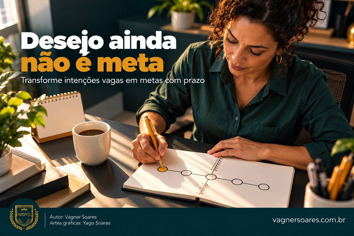 Capa com o título “Desejo ainda não é meta”: mulher desenha uma linha do tempo com marcos em um caderno, ao lado de um calendário