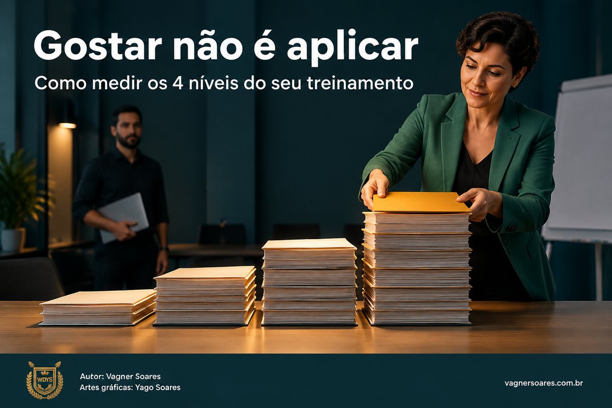 Capa com o título “Gostar não é aplicar”: gestora empilha documentos em quatro alturas crescentes, uma para cada nível de avaliação