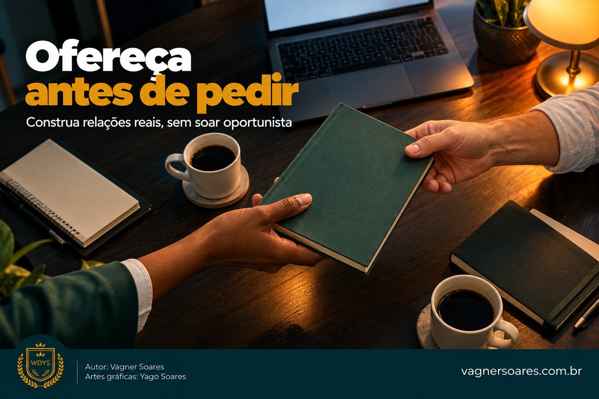Capa com o título “Ofereça antes de pedir”: duas pessoas trocam um caderno verde sobre uma mesa com xícaras de café