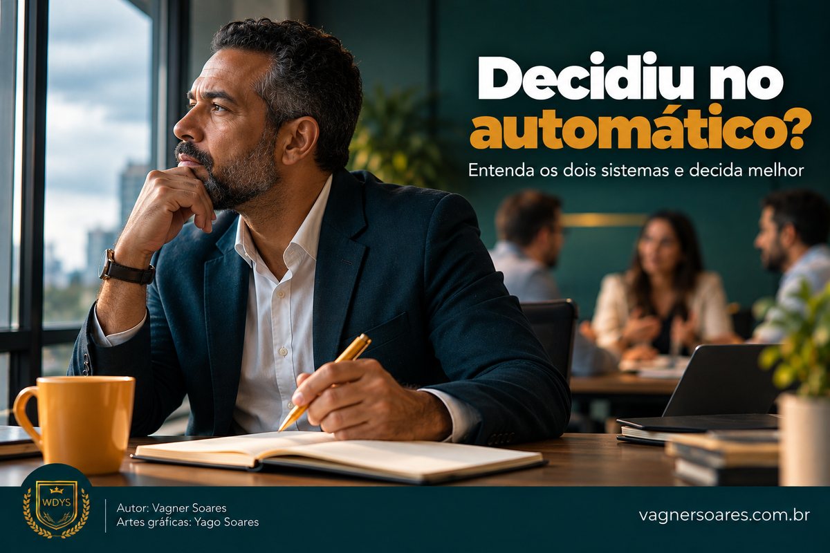Capa com o título “Decidiu no automático?”: executivo pensativo, com a mão no queixo, diante de um caderno aberto
