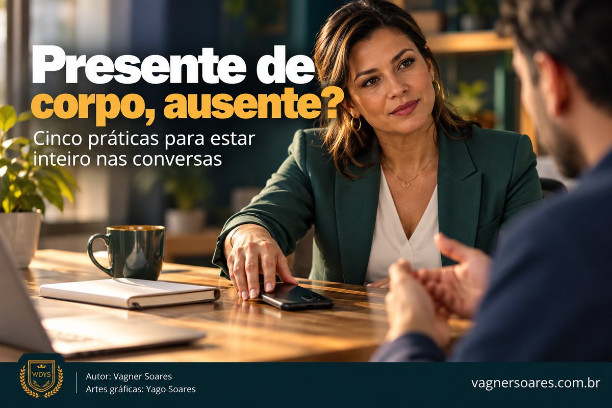 Capa com o título “Presente de corpo, ausente?”: mulher de blazer verde apoia a mão sobre o celular enquanto ouve o interlocutor