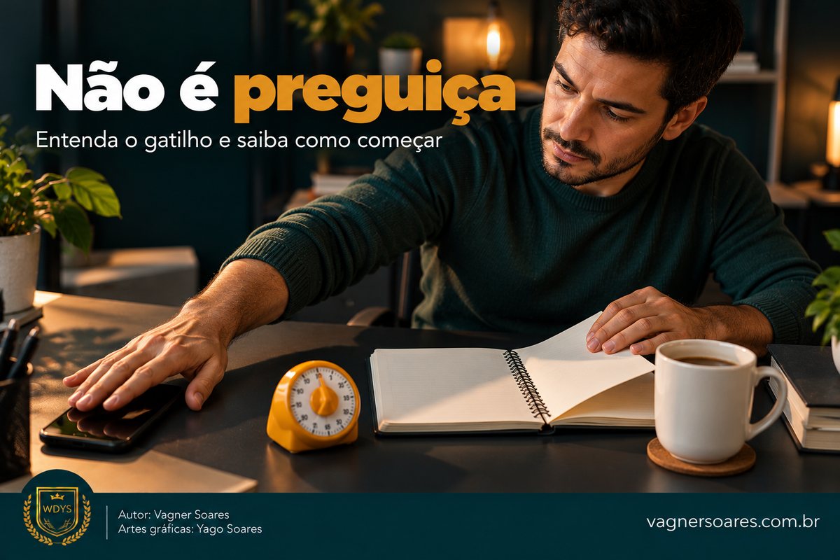 Capa com o título “Não é preguiça”: homem afasta o celular e abre um caderno, ao lado de um cronômetro e uma xícara
