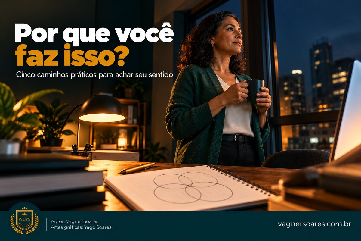 Capa com o título “Por que você faz isso?”: mulher com uma xícara olha pela janela à noite, com círculos desenhados no caderno