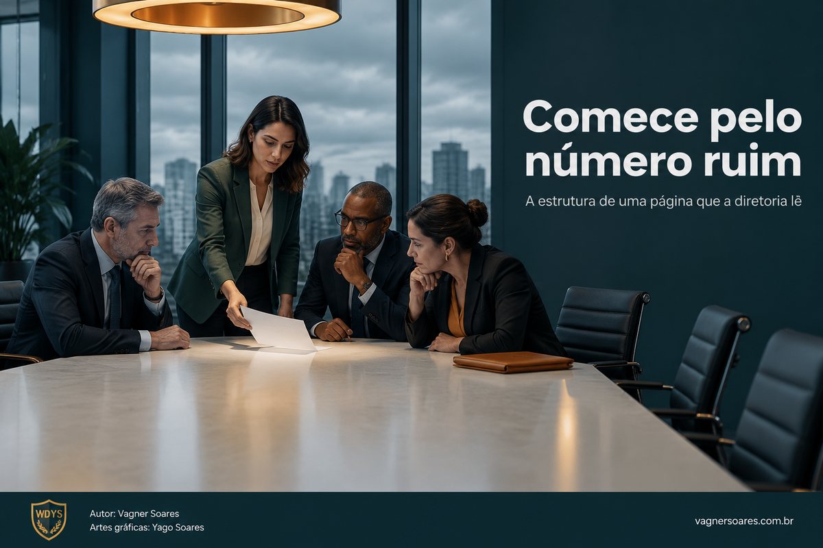 Capa com o título “Comece pelo número ruim”: gestora apresenta uma folha a três executivos em uma mesa de diretoria