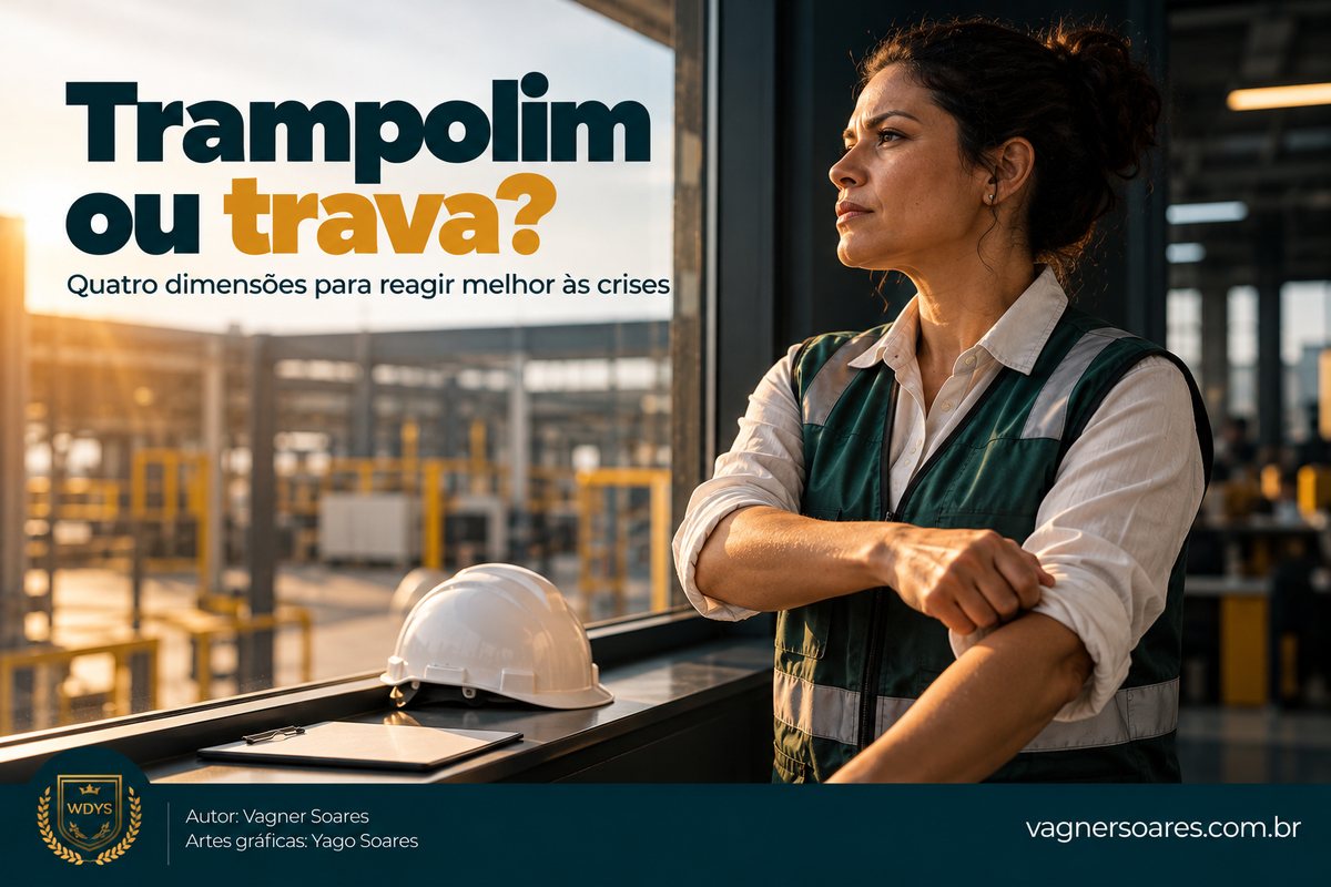 Capa com o título “Trampolim ou trava?”: mulher de colete olha pela janela para uma área industrial, com um capacete ao lado