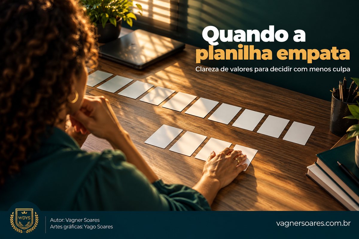 Capa com o título “Quando a planilha empata”: mulher analisa cartões de valores enfileirados sobre uma mesa de madeira