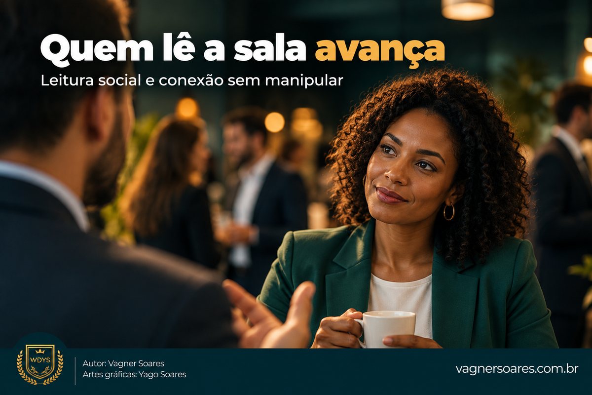 Capa com o título “Quem lê a sala avança”: mulher sorri com uma xícara e observa a conversa em um evento de networking