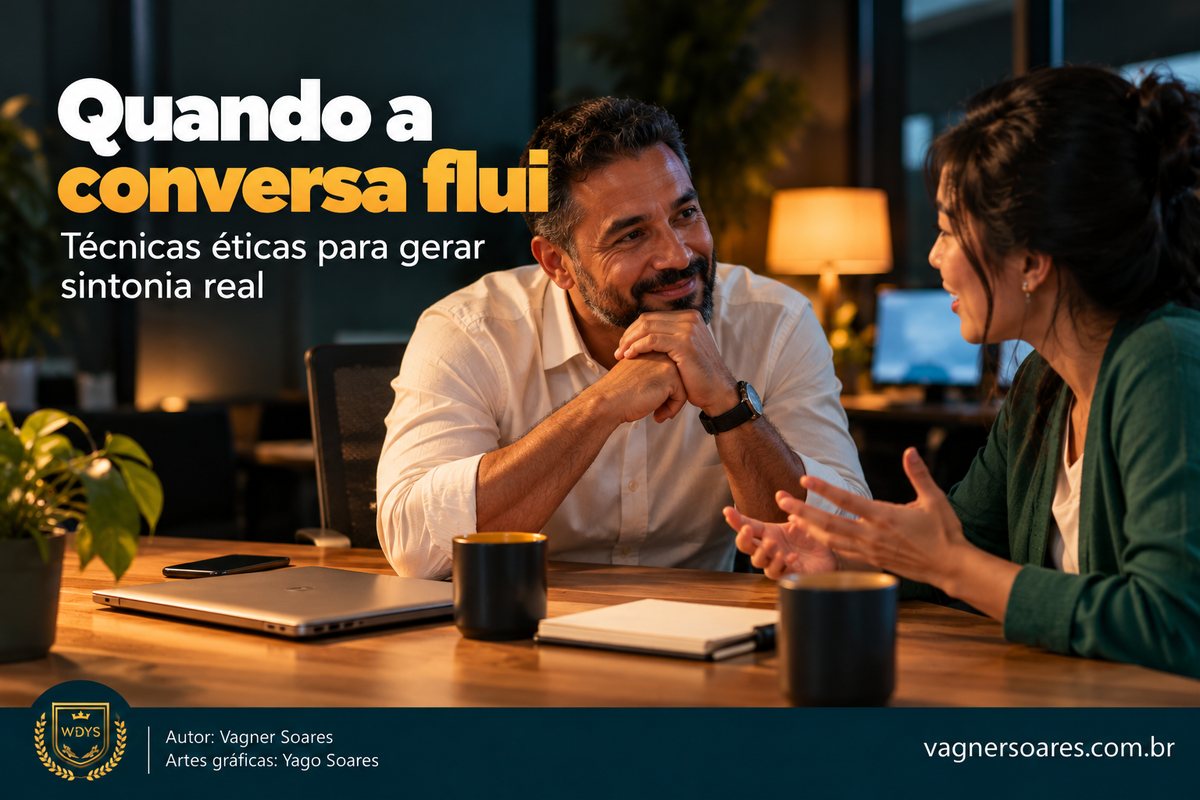 Capa com o título “Quando a conversa flui”: um homem e uma mulher conversam sorrindo em uma mesa de escritório