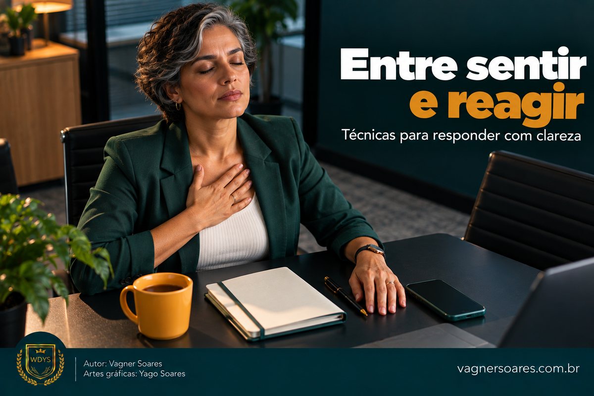 Capa com o título “Entre sentir e reagir”: mulher de olhos fechados respira com a mão no peito, com o celular sobre a mesa
