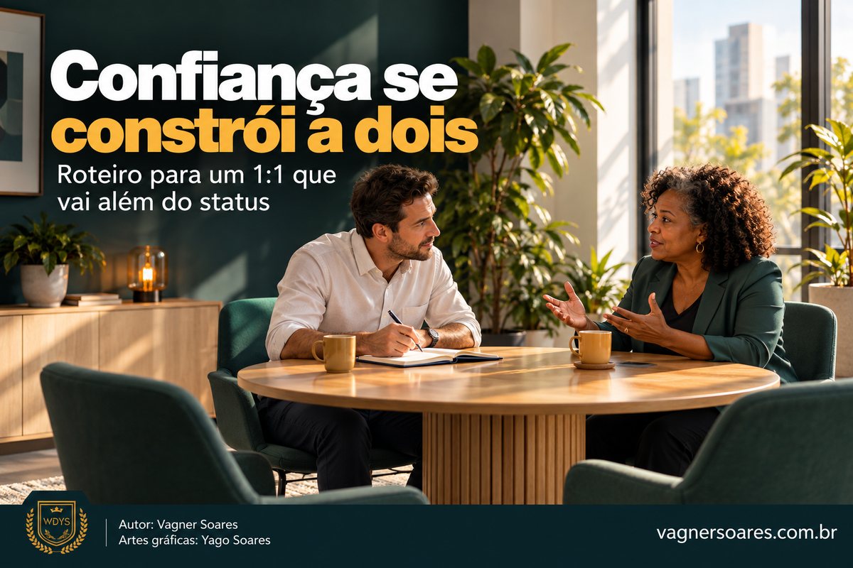 Capa com o título “Confiança se constrói a dois”: duas pessoas conversam em uma mesa redonda de madeira, e uma delas faz anotações em um caderno