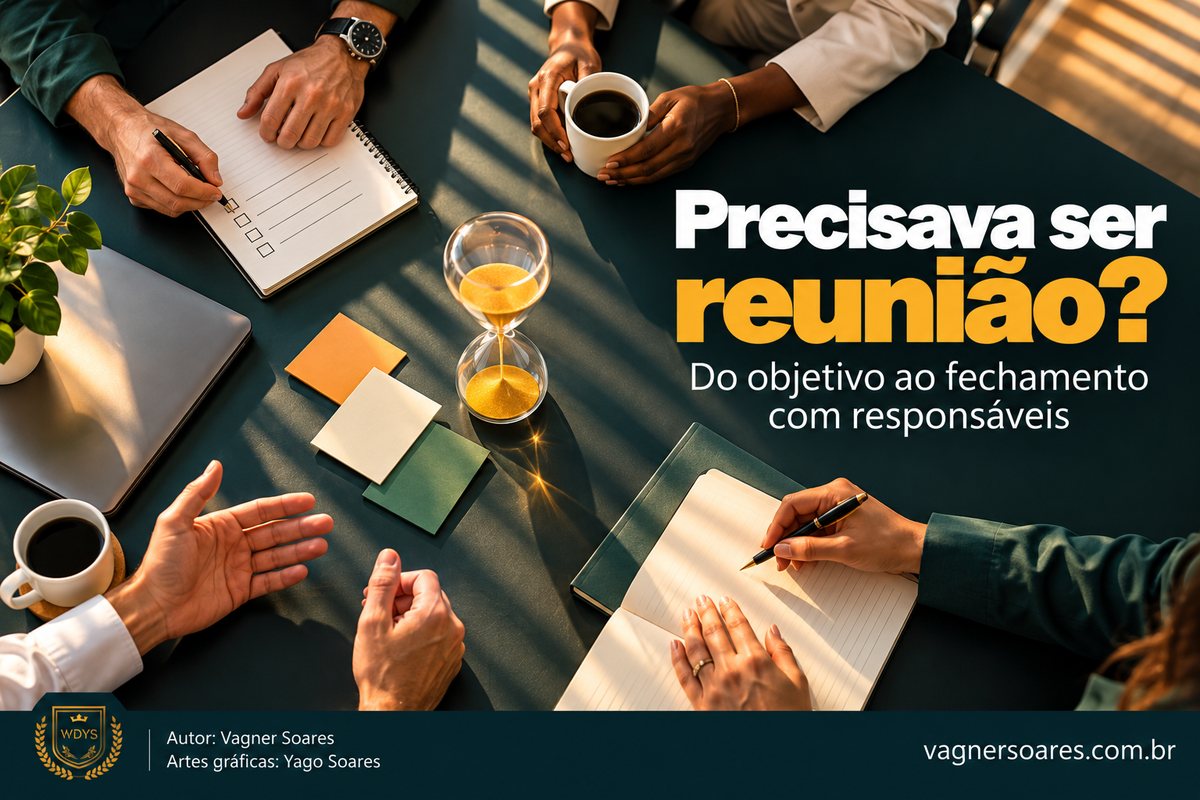 Capa com o título “Precisava ser reunião?”: vista de cima de uma mesa com mãos, cadernos, xícaras de café e uma ampulheta no centro