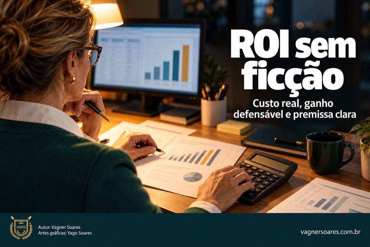 Capa com o título “ROI sem ficção”: profissional analisa planilhas, gráficos e uma calculadora à luz de abajur